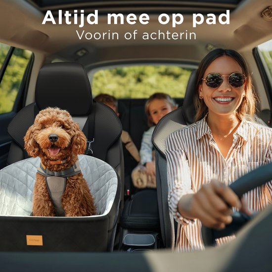CozySense® Honden Autostoel - Hondenmand Auto voor Kleine Hond - Voorbank & Achterbank - Met Veiligheidsriem, Opbergvak & Wasbare Hoes - Zwart/Grijs