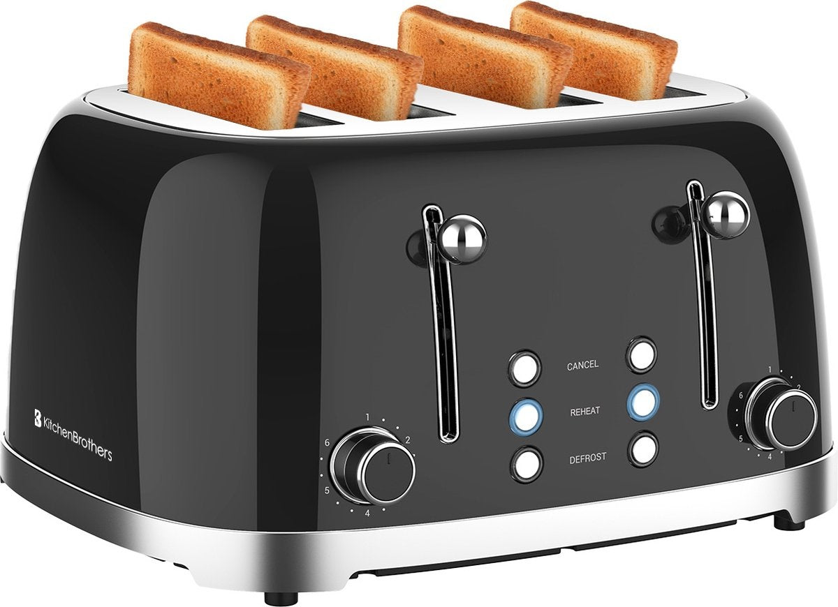 KitchenBrothers Retro Broodrooster - Toaster - 6 Warmteniveaus - 4 Extra Brede Sleuven - 1630W - Zwart