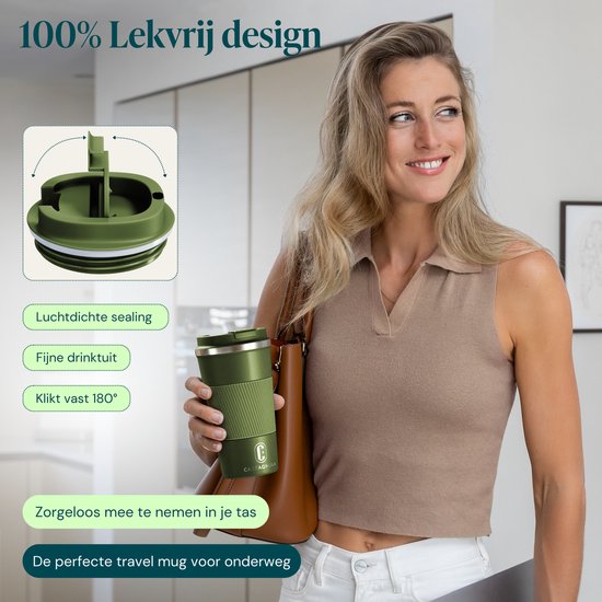 Castagnola Thermosbeker - Koffiebeker To Go - Travel Mug voor Koffie en Thee - Theebeker - 510 ML - RVS - Groen