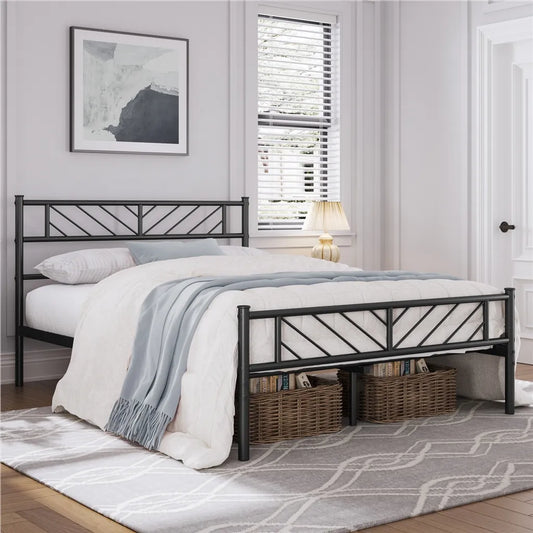 Yaheetech Metalen Bedframe 140 x 200 cm - Zwart - Tweepersoonsbed met Lattenbodem en Hoog Hoofdbord