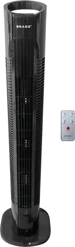 BRASQ Torenventilator F500 – 80 cm Hoog – Zwart – Stil – Met Afstandsbediening – Timer & Slaapmodus – Staande Ventilator – 50W – Voor Slaapkamer & Kantoor
