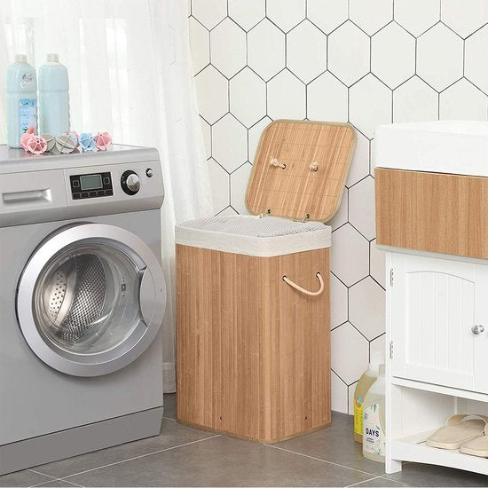Songmics XL 72 Liter - Grote opvouwbare wasmand - bamboe - wasbare voering - 40 x 30 x 60 cm