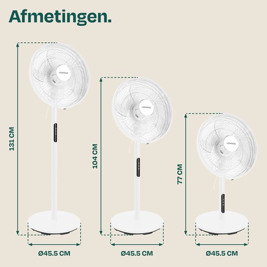 VONROC Vloerventilator - Ø 45,5cm - 4 snelheden & slaapmodus – timer - verstelbaar in 3 hoogtes - incl. afstandsbediening - wit