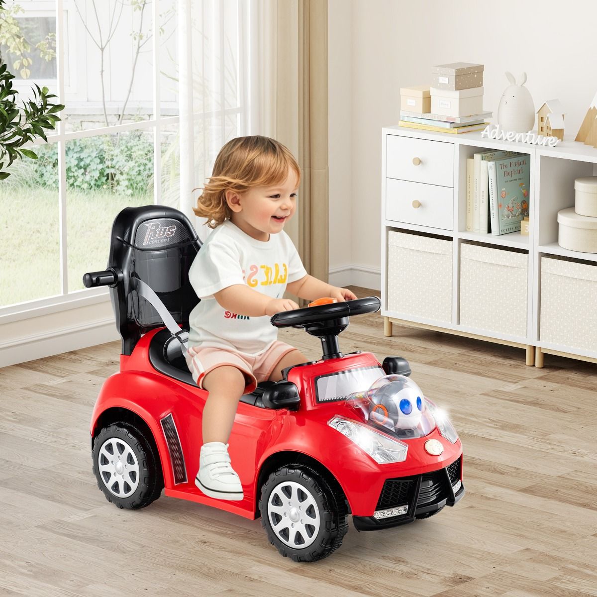 Coast 3-in-1 Loopauto met duwstang - opbergruimte - verstelbare zonbescherming - rood