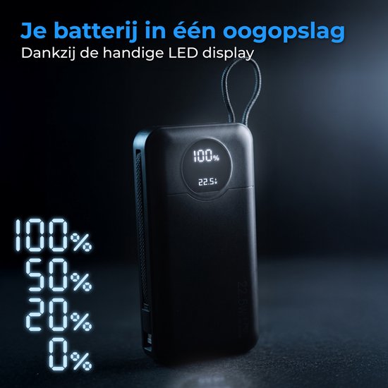 Nuvance Powerbank 20000 mAh - 22.5W Snellader Usb-C & 8-Pin - Noodpakket - 2 Poorten - 2 Geïntegreerde Kabels - Power Bank