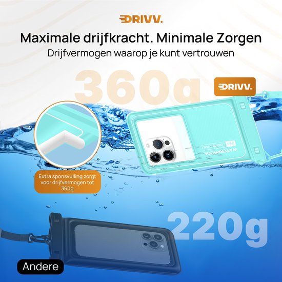 Drivv. Luxe Waterdicht Telefoonhoesje – Drijvend - Dubbele Klipsluiting - Telefoons tot 6.8 inch – Onderwater Hoesje Telefoon - Blauw