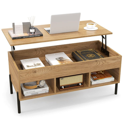 Coast Verstelbare Salontafel met Hefbaar Tafelblad en 3 Open Vakken – 104,5 x 49 x 62,5 cm – Natuurkleur