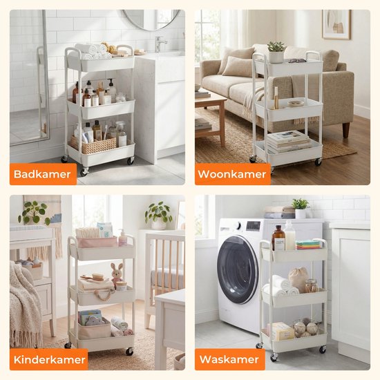 Posity Keukentrolley op wieltjes – Serveerwagen / Opbergtrolley / Keukenrek / Trolley Keuken – Verrijdbaar en Vast – 3 Lagen – Kunststof – Wit