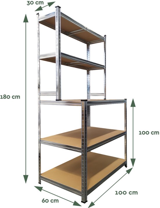BRASQ Robuuste Werkbank RVS - Werktafel met 5 MDF-Planken - 100x60x180cm - Draagkracht Max. 550 KG