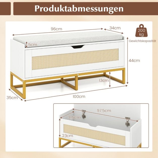 Coast Schoenenbank – Rattan - Zitkussen – 100 x 35 x 44 cm - Wit