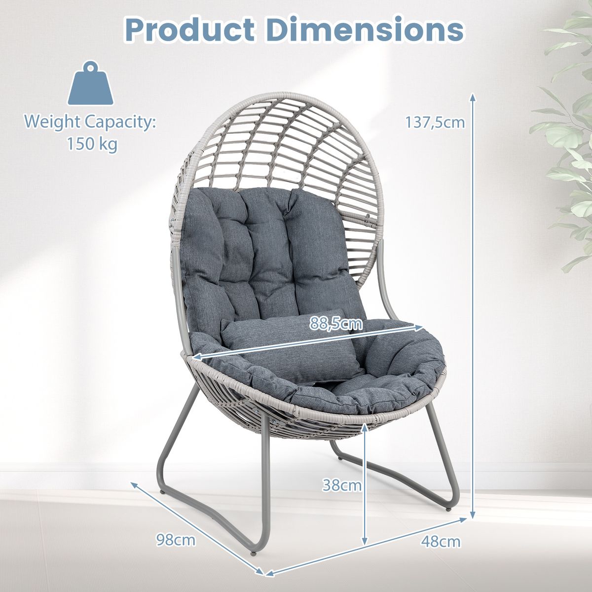 Coast Loungestoel van rattan - ei-vormig ontwerp - afneembare kussens - grijs