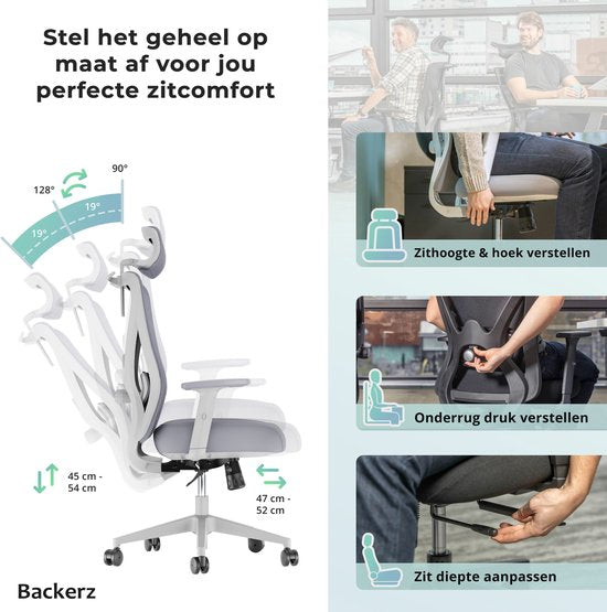 Backerz – Ergonomische Bureaustoel – 44-56 cm Zithoogte & EN1335 Gecertificeerd – Voorzien Van 3D Armleuningen En Verstelbare Lendensteun – Voor Kantoor En Gaming – Wit/Grijs Polypropeen En Mesh