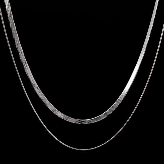 Laura Ferini Dames Ketting Chiara Zilver - Zilverkleurige schakelketting met 2 lagen - 18K Witgoud Verguld - Halsketting - Collier - Sieraad - Accessoires - Dames Ketting