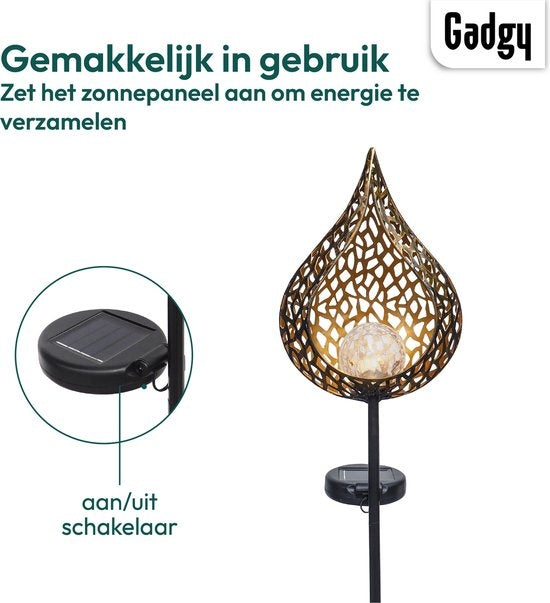Gadgy Solar Tuinfakkel Druppel met Grondspies - Solar Tuinverlichting Set van 2 st. - Tuinsteker 90CM Hoog - Tuinverlichting op Zonneenergie Buiten - Led Buitenverlichting met Sensor - Tuinlantaarn - Koperkleurig Metaal