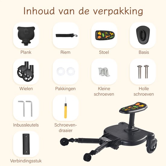 Safari Meerijdplankje Universeel - Tweewieler - Meerijdplankje met Zitje - Meerijd Plankje voor Kinderwagen - Buggy Board