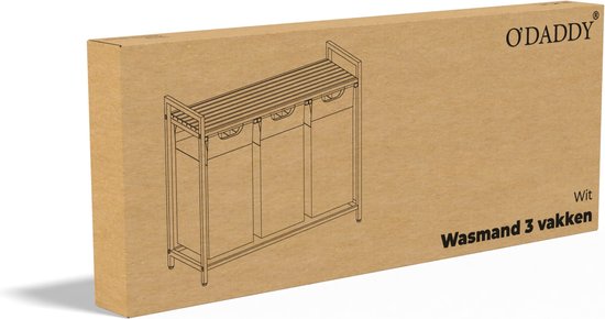 O'DADDY® Wasmand 3 Vakken - Uitschuifbare Wassorteerder met Plank - 114 Liter - 92,5 x 33 x 71 cm - Verstelbare Pootjes - Makkelijk te Monteren - Veelzijdig en Stijlvol Metaal - Wit