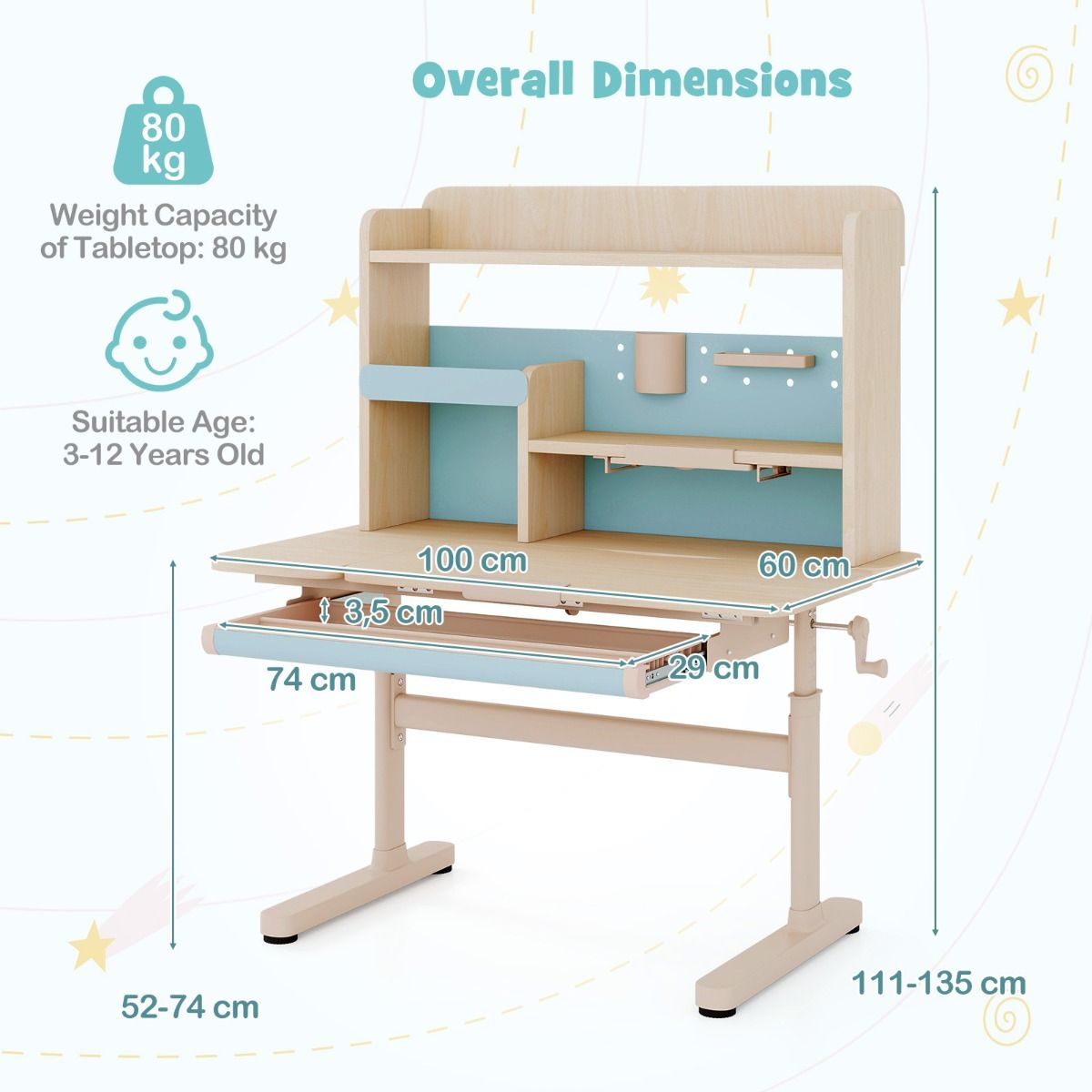coast Kindertafel - Hoogte Verstelbaar 52-74 cm - Kantelbaar Bureaublad 0°-60° - Lade & Rek - Blauw - 100 x 60 x 111-135 cm