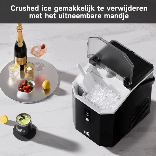 Bardi 1.1L - Nugget Ice Machine Square - Crushed Ice Maker met IJslepel - 15kg/24 uur - IJsblokjesmaker - Met Luxe Thermosbeker - Zwart