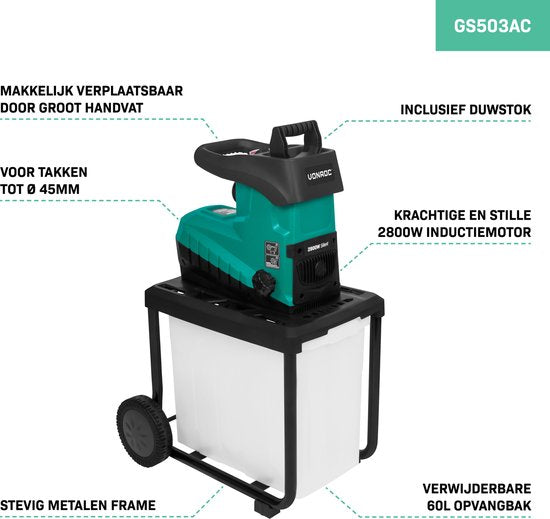 VONROC Stille Hakselaar/Shredder 2800W – Voor takken tot Ø45mm – Incl. 60L opvangbak & duwstok