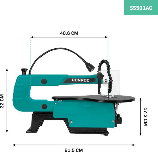 VONROC Figuurzaagmachine 120W – incl. voetpedaal – LED werklamp – Flexibele stofblazer - Incl. 6 zaagbladen