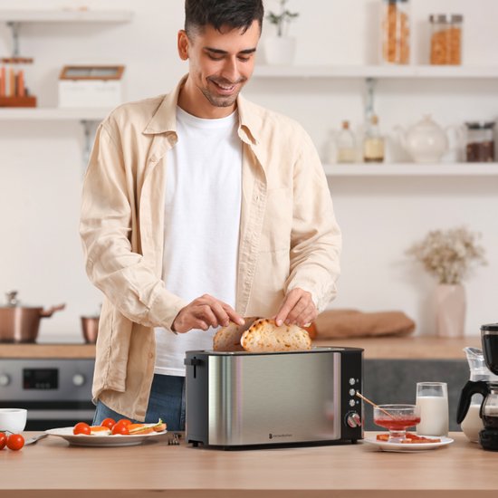 KitchenBrothers Broodrooster - Toaster - 6 Warmteniveaus - 2 Extra Lange Sleuven - 1520W - RVS/Zwart