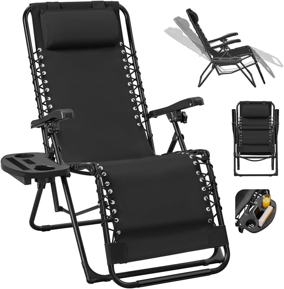 Yaheetech Zero-Gravity Ligstoel - Verstelbare Rugleuning & Hoofdkussen - Opvouwbaar - 166 x 63,5 x 67 cm - Donkergrijs
