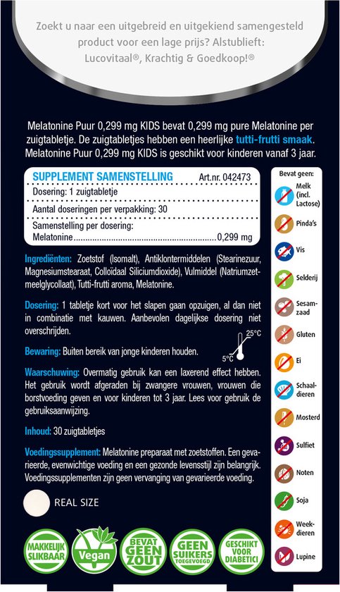 Lucovitaal Melatonine Puur Kids 0,299 milligram Voedingssupplement - 30 tabletten