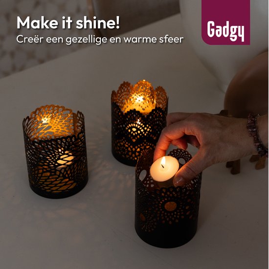 Gadgy Waxinelichthouder Rond - Theelichthouders Set van 3- Decoratie Woonkamer - Sfeerverlichting Binnen - Kaarsenhouders voor Waxinelichten 8.5x10.5 cm - Windlicht Metaal - Zwart/Goud - Cadeau voor Vrouw - Kantpatroon