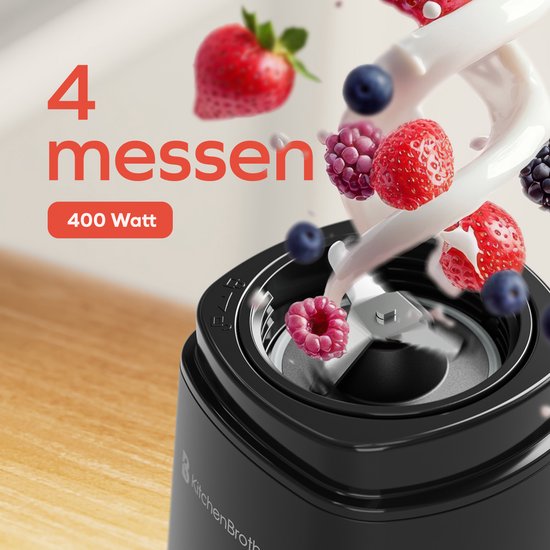 KitchenBrothers Mini Blender - Blender to Go - Smoothie Maker - 2 To-Go Bekers 600 ml - Zwart