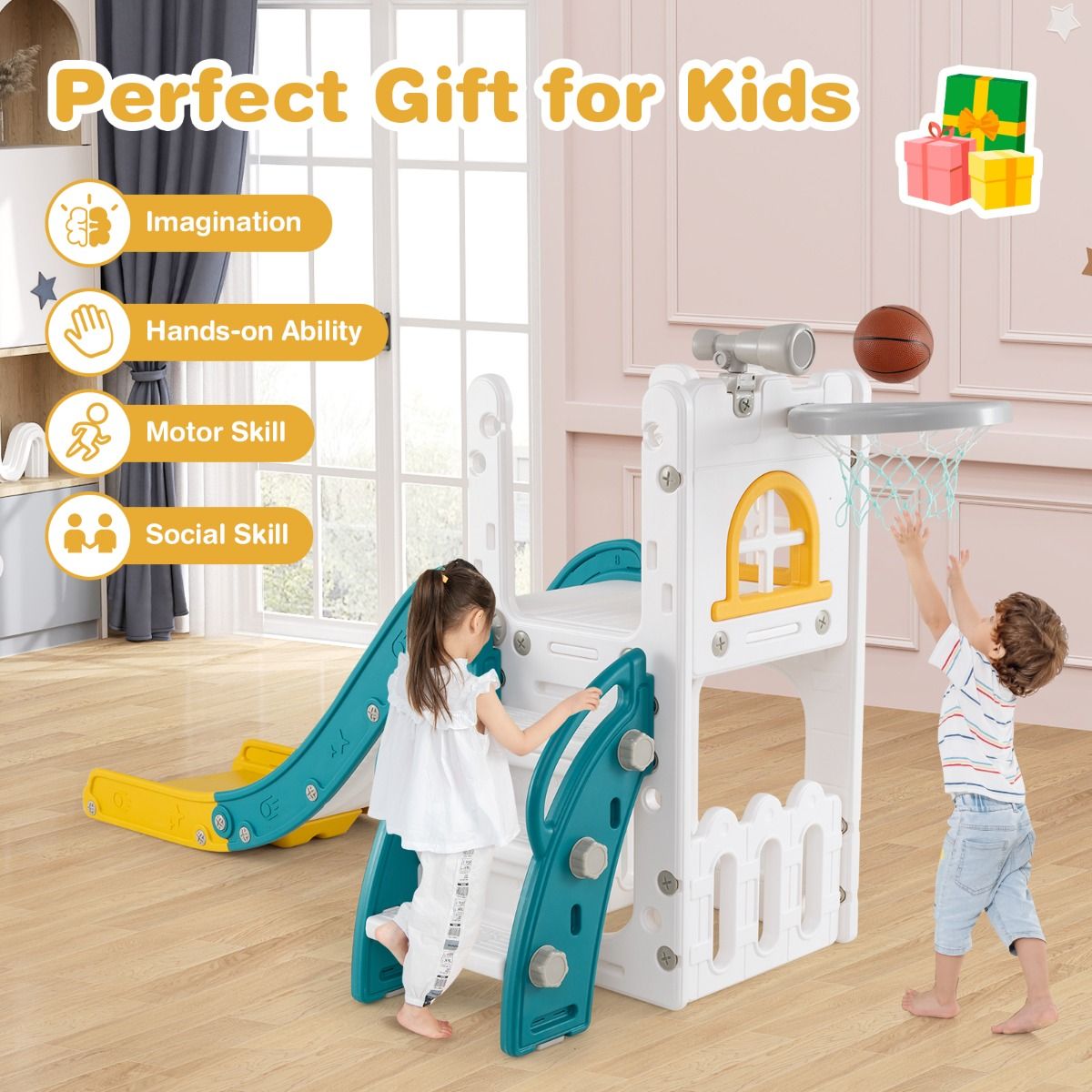 Coast 6-in-1 Kinderglijbaan - met basketbalring en telescoop - L-vorm - groen