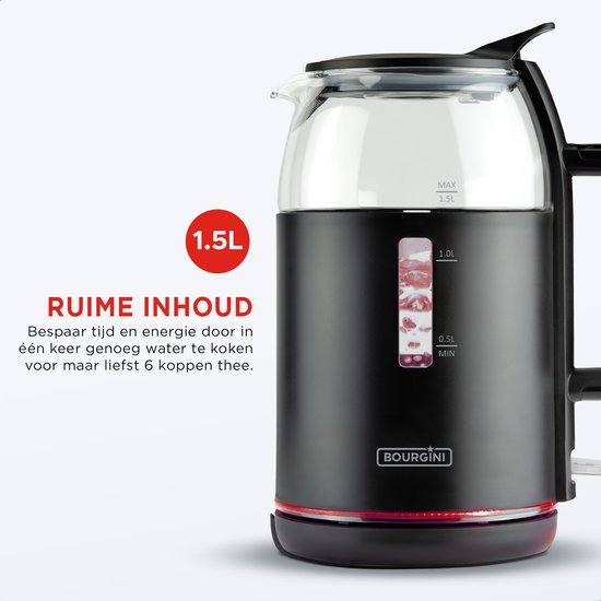 Bourgini Glazen Waterkoker - Mat Zwart - Snoerloos te gebruiken - Gemakkelijk vullen door deksel - ruime 1.5L inhoud - BPA vrij