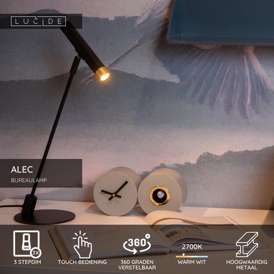 Lucide ALEC - Bureaulamp - LED 3 StepDim - G9 - 1x3W 2700K - Inclusief omwisselbare ringen - Zwart