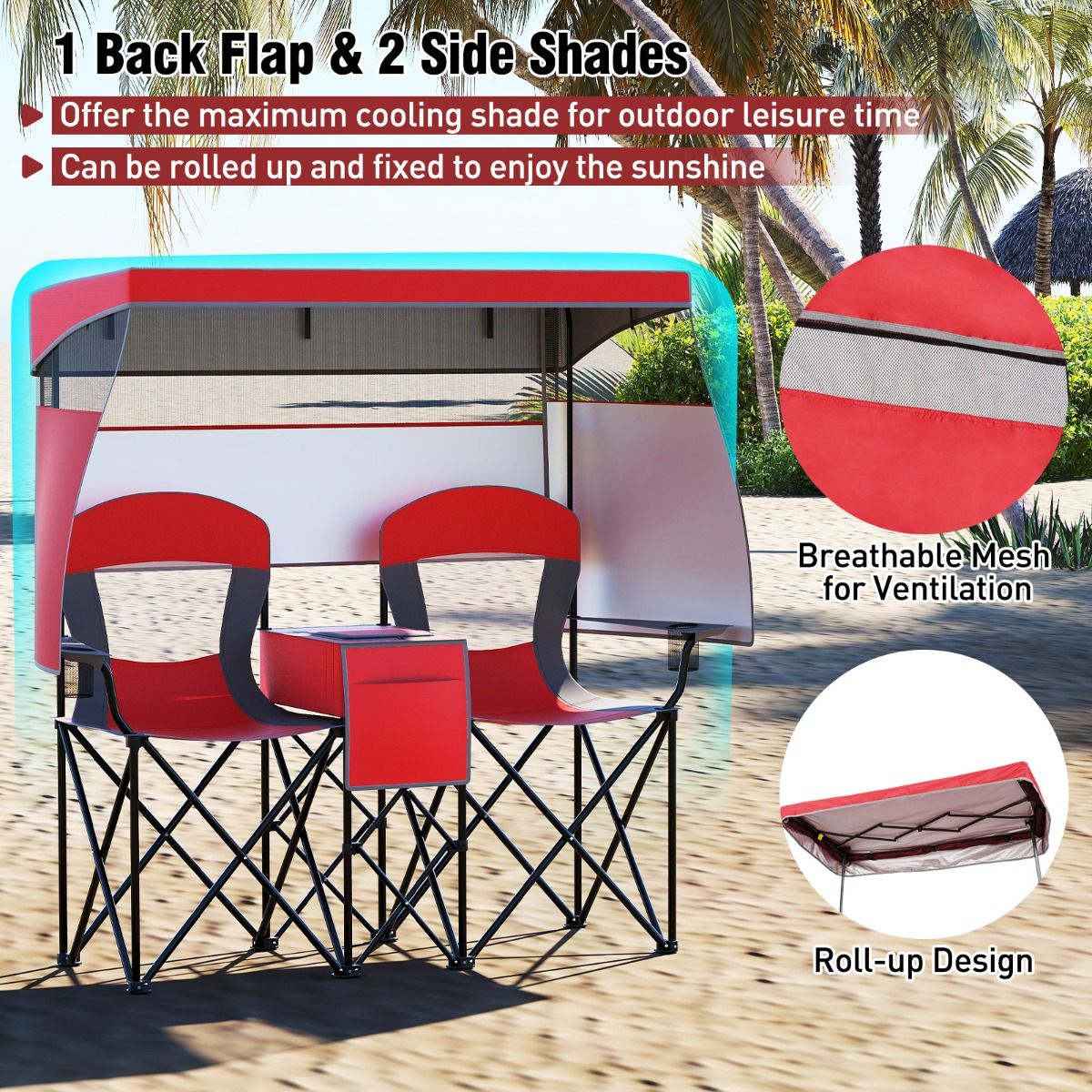 Coast Dubbele Campingstoel - verstelbare zonwering - koeltas en bekerhouders - rood