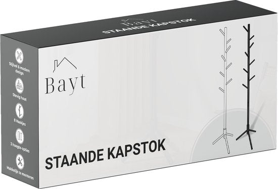 Bayt Kapstok - Staande kapstok - Kapstok Hout - Kapstok Staand - Garderoberek - 8 Haken - 175 cm - Zwart
