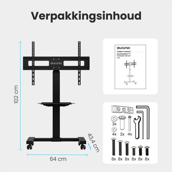 Auronic TV Standaard Verrijdbaar voor 32 tot 75" TV's - TV Voet op Wielen - Universeel - In Hoogte Verstelbaar - Draaibaar - Kantelbaar - Voor 55", 65" en Meer - Zwart