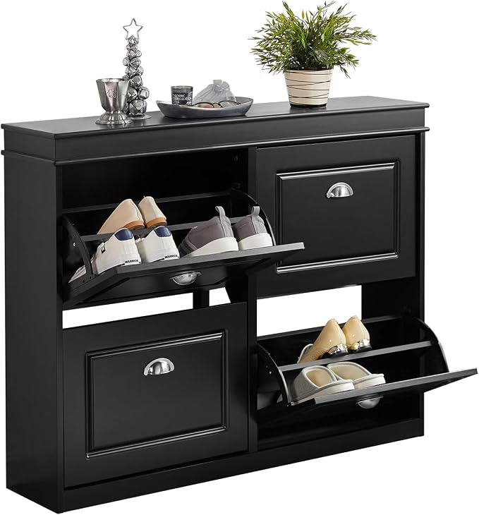 SoBuy Schoenenkast met 4 Kleppen – MDF – 105 x 82 x 24 cm – Zwart