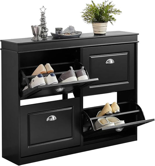 SoBuy Schoenenkast met 4 Kleppen – MDF – 105 x 82 x 24 cm – Zwart