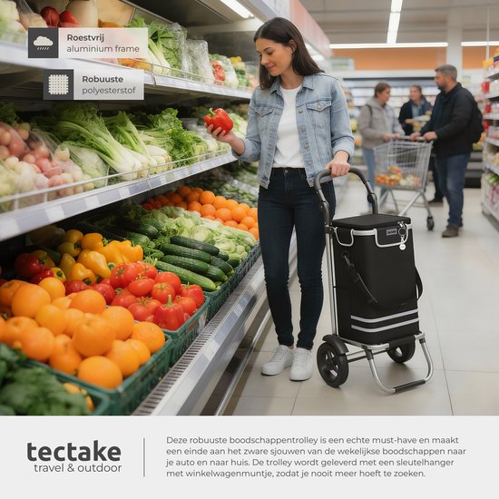 tectake® 3-in-1 Boodschappentrolley met Koelvak - Opvouwbaar - 56L Inhoud - Boodschappenwagen - Boodschappenkar - Ook als Steekwagen en Boodschappentas - Met Sleutelhanger en Winkelwagenmunt - Zwart