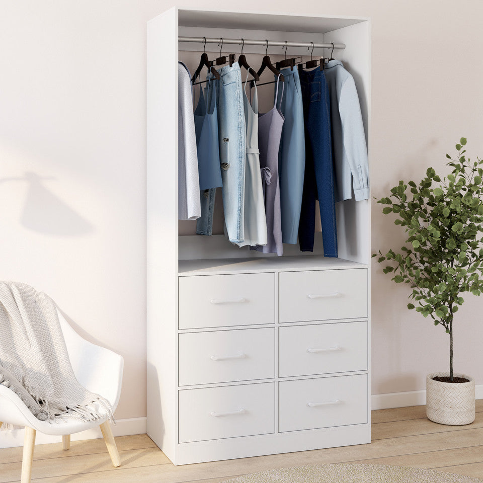 Uma Kledingkast Wit - 80 x 40 x 167 cm - Met Kledingroede en 6 Lades
