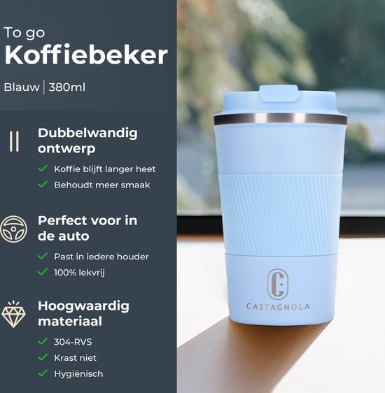 Castagnola Thermosbeker - Koffiebeker To Go - Travel Mug voor Koffie en Thee - Theebeker - 380 ML - RVS - Lichtblauw
