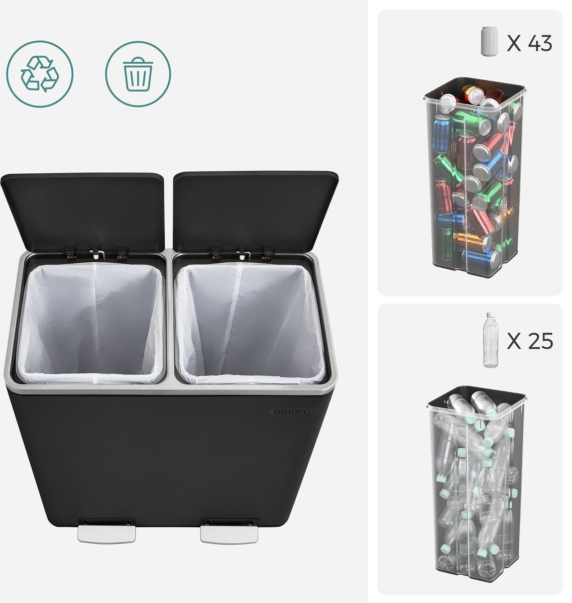 O'DADDY® Prullenbak - Afvalemmer – Duo Bin – 60L – Soft-close – 58,6 x 32 x 65 cm – 2 Binnenemmers – Inclusief 15 Afvalzakken – Elegant Zwart