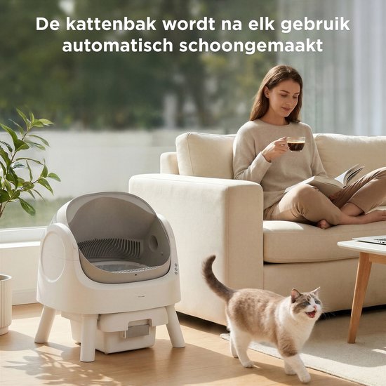 TrevoPet® Automatische Kattenbak - Zelfreinigend & Veilig - Voor Katten tot 12KG - Incl. Mat, 60 Afvalzakjes & Accessoires - 10L Afvalbak - Wit & Grijs