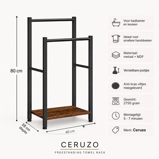 Handdoekenrek Vrijstaand – 2 Handdoekstangen – Metaal-MDF – Badkamerrek – 80 cm
