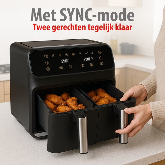alpina Dubbele Airfryer XXL - Heteluchtfriteuse 2x4L - Air Fryer met Digitaal Touchscreen - Heteluchtoven voor 6 Personen en Meer - 8 Kookprogramma's - Sync-Modus - Timer Functie