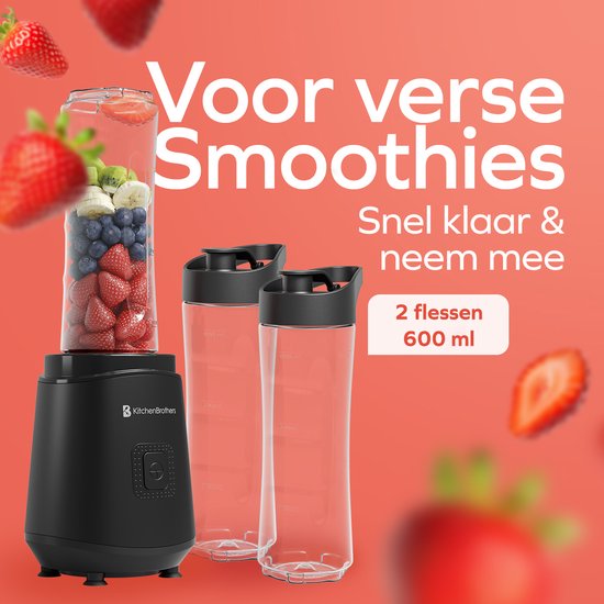 KitchenBrothers Mini Blender - Blender to Go - Smoothie Maker - 2 To-Go Bekers 600 ml - Zwart