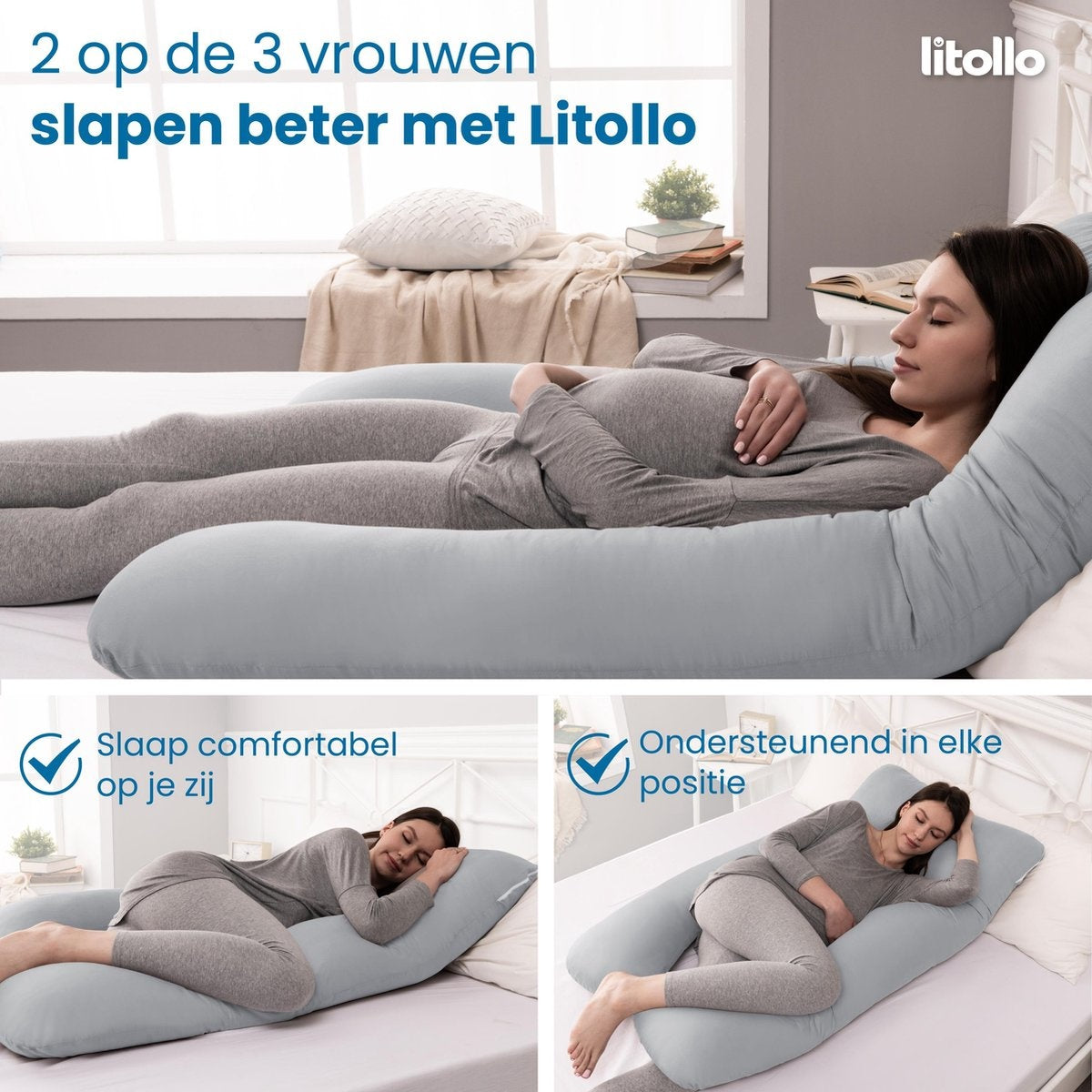 Litollo® Zwangerschapskussen XXL - Voedingskussen - Lichaamskussen - Body pillow - 280cm - Grijs - Met gratis extra afneembare hoes (t.w.v. €29,95)