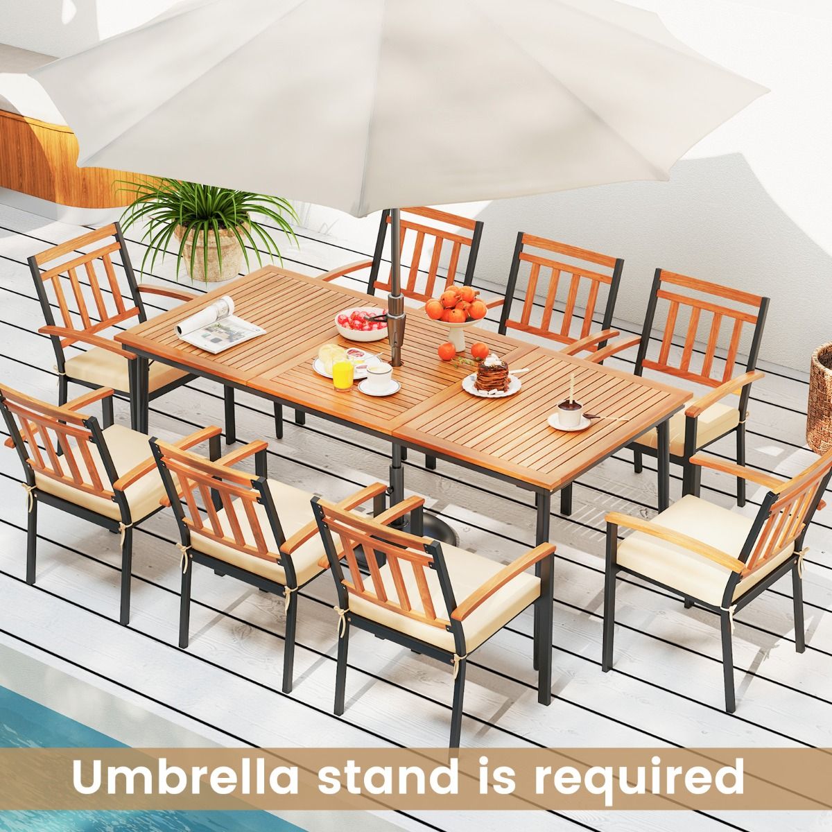Coast tuintafel voor 8 personen - acaciahout met metalen poten - parasolgat 5 cm - naturel en zwart - 200 x 90 cm