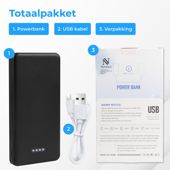 Nuvance - Powerbank 10000 mAh - Snellader - Compact Design - 2x USB, USB-C & Micro USB - Universele Powerbanks voor Smartphones, Tablets & Gadgets - Externe Batterij - Zwart