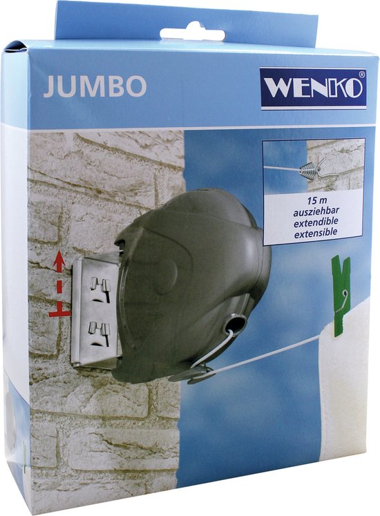 WENKO Waslijn Jumbo 15 meter - Drooglijn - Roldrooglijn uittrekbaar - Waslijndraad automatisch oprolbaar