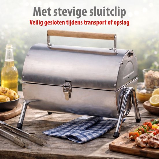 alpina Houtskool BBQ - Draagbare BBQ met Handgreep - Barbecue Camping met Ventilatie En Sluitclip - Houtskoolbarbecue Compact 38 x 30 x 19 cm - RVS